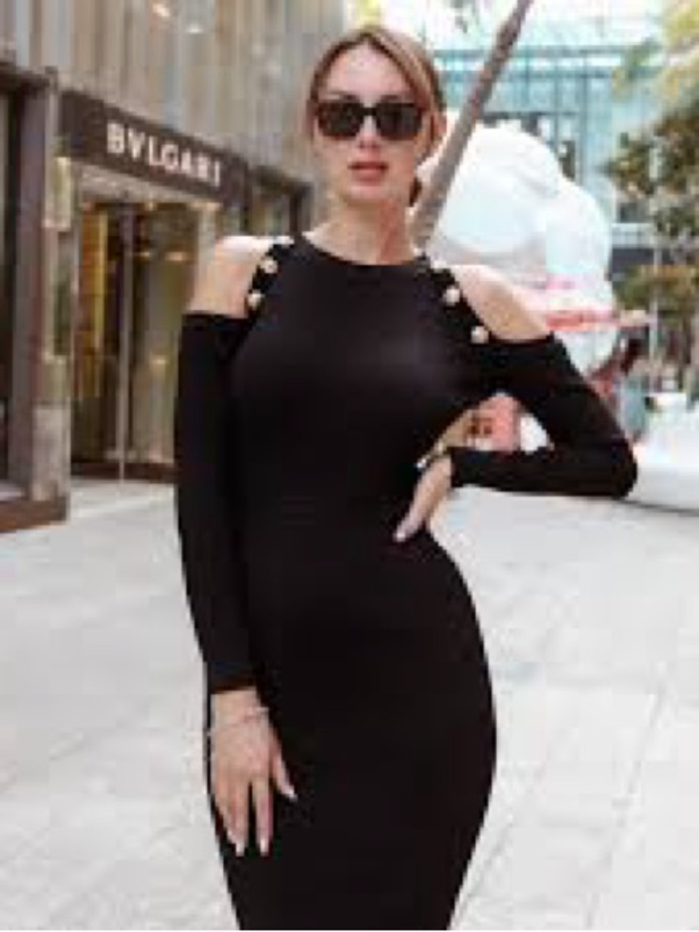 Black Knit Midi Dress w/Cutout Shoulders, Long Sleeve & GoldTone Buttons. Size S